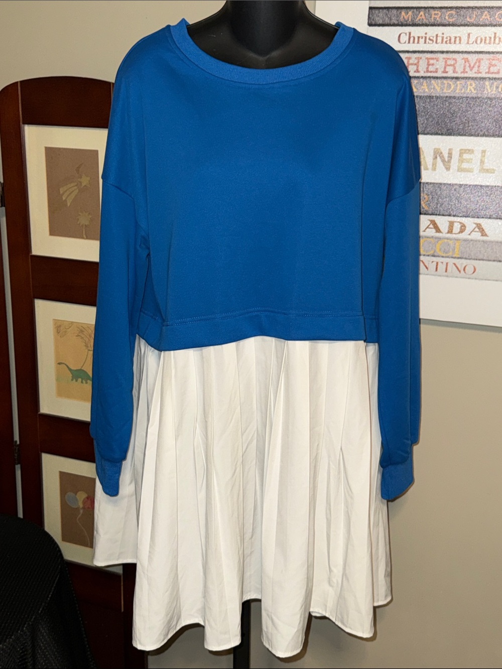 UGERLOV  Royal Blue and White Long Sleeve Two-Tone Dress oversized look